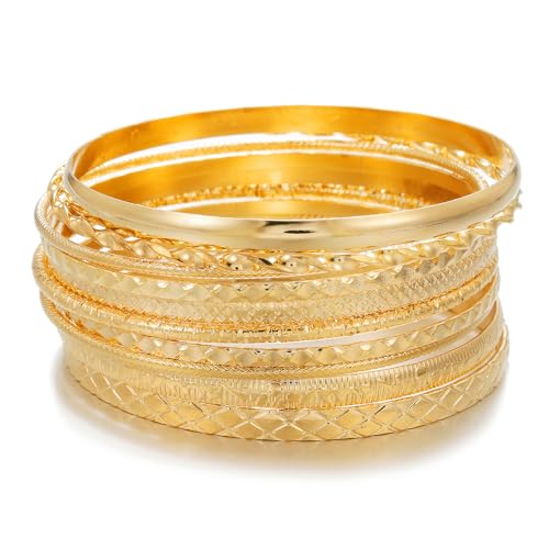 Gold Bangles for Women, 12 Pcs Boho Stackable Bracelets Multi Layer Textured Chunky Bracelets Jewelry Set for Women - color: Style D- 10 pcs gold