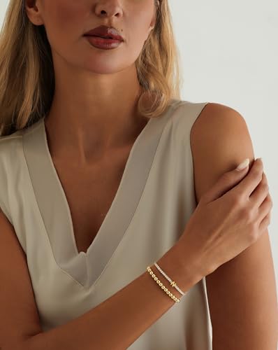 14K Gold Plated Bracelets for Women Dainty Tennis Initial Bracelet Trendy Beaded Stackable Charm Bracelets Layered Waterproof Bracelet Dainty Bracelet for Women Jewelry Gifts - style: N