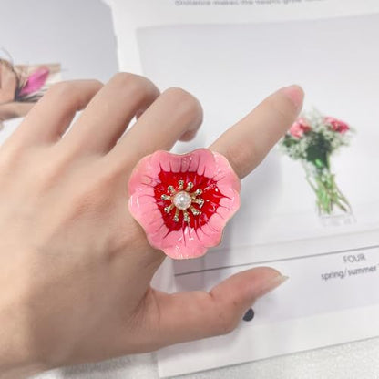 NewZenro Elegant Large Flower Statement Rings for Women Gold-Tone Plated Danity Enamel Faux Pearl Big Floral Adjustable Open Wrap Finger Rings Comfort Fit Wedding Promise Fashion Jewelry - color: Pink