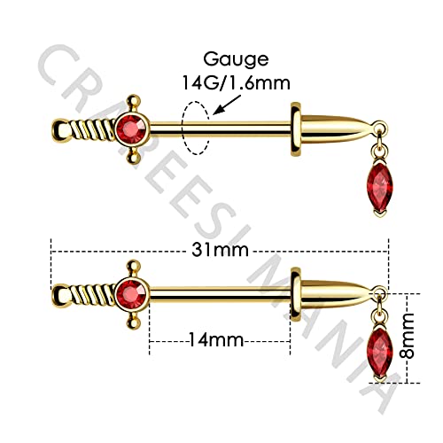 Dagger Nipple Ring 14G Gold Nipple Rings 316L Stainless Steel Nipple Piercing Jewelry Dangle Nipple Rings for Women Nipple Piercing Jewelry - color: Gold