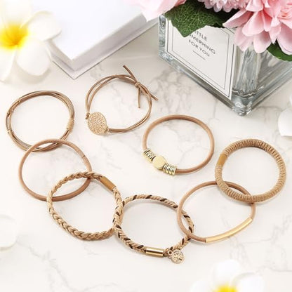 8 PCS Hair Ties Bracelets in 8 Styles, Boho Hair Ties for Thick & Thin Hair, Cute Stretch Bracelets, Light Coffee Colors Braided Hair Ties for Ponytail Holders, No Damage Elastics - color: J-Boho