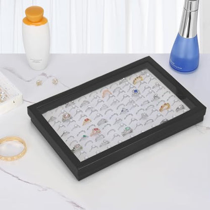 KUKUVR 100 Slots Ring Earring Holder Display Case (Black+White) | Velvet, Clear Lid, Ring Earring Storage Organizer Box Tray, for Women and Selling Show - color: Black+White