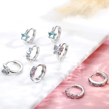 YADOCA Hypoallergenic Hoop Earrings For Girls Women Kids Toddler Earrings | Cute Small Huggie Hoop Earring Set Colorful Blue Pink CZ Cartilage Earring 10mm 4 Pairs Butterfly Star Wear While Sleeping - color: Blue