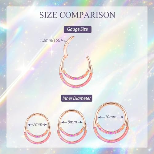 GAGABODY Septum Jewelry 16 Gauge Earrings Double Hoop Daith Earring Surgical Steel Hinged Nose Rings Nose Hoop Helix Tragus Rook Piercing - color: Style6:1pc Rose Gold+Purple Opal Double Hoop