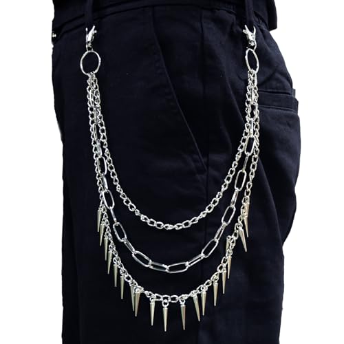 Hip Hop Punk Pants Chain Wallet Chain, Unisex Rivet Spike Jeans Pocket Chain Goth Belt Chain for Women Men Biker Rocker Pants Accessories - color: 【Chain-03】3-Layer Spike（Silver）