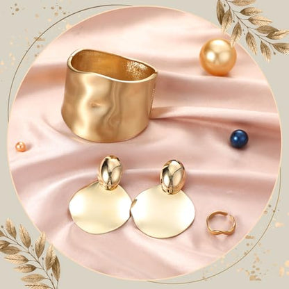 Misdary 3 Pcs Jewelry Gifts Set Bracelets Earrings Ring Cuff Bangle for Women Wedding Birthday Gifts - color: Gold, style: Frosted