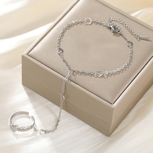 UNIFT Hand Chain Bracelets for Women Set Stainless Steel Adjustable Heart or Four-Leaf Clover Ring Chain Bracelet Trendy Dainty Jewelry Set Gifts - color: silver 1
