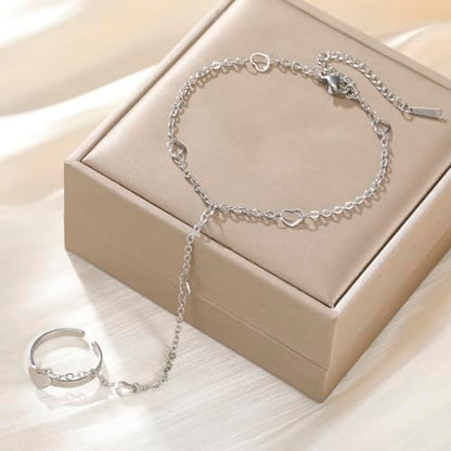 UNIFT Hand Chain Bracelets for Women Set Stainless Steel Adjustable Heart or Four-Leaf Clover Ring Chain Bracelet Trendy Dainty Jewelry Set Gifts - color: silver 1