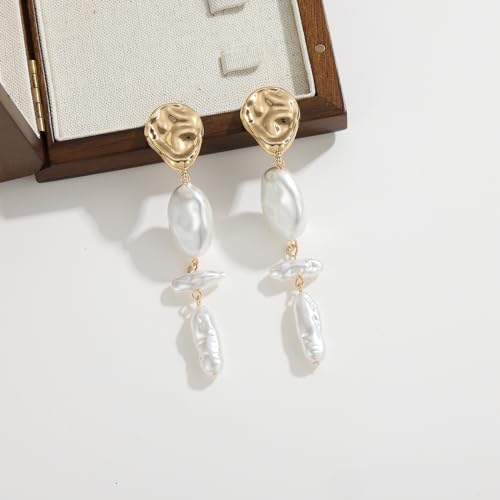 Statement Pearl Dangle Earrings,Gold and Large Pearl,Luxury Chandelier Organic Style Earrings - color: G gold and white