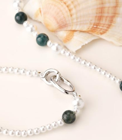 Long Beaded Necklaces for Women Pearl Stone Bead Strand - Layered Sweater Chain Elegant Mother's Day Jewelry Gifts - color: White&Green