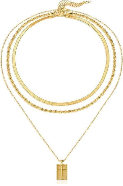 Evabelle Gold Layered Necklace for Women Trendy Jewelry 14K Real Gold Plated Chunky Chain Stackable Necklaces Dainty Choker Necklaces Rectangle Square Pendant - color: Gold Necklace 17