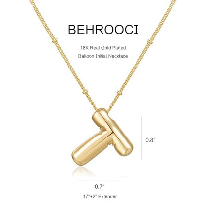 Gold Bubble Initial Necklace for Women Balloon Letter Necklace 18K Gold Plated Dainty Alphabet Pendant Puffy Name Personal Necklace - color: T