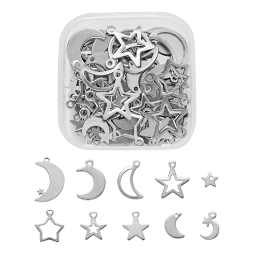 8-64Pcs Silver Goldern Color Heart Pendants Charms 10 Styles Heart Stainless Steel Metal Charms for Jewelry Making Crafting Necklaces Bracelets Earrings Keychains Birthday Gift - color: Moon Star-60 pcs