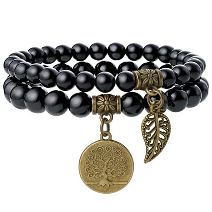 Bivei Natural Semi Precious Gemstone beads bracelet for women - Life Tree and Leaf Charm Energy Reiki Crystal Stretch Bracelets - color: Black Tourmaline Bracelet Set, size: Medium:6.8-7.24inch