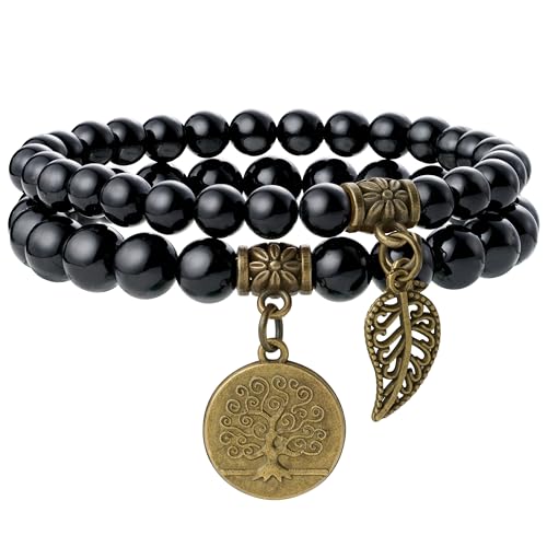 Bivei Natural Semi Precious Gemstone beads bracelet for women - Life Tree and Leaf Charm Energy Reiki Crystal Stretch Bracelets - color: Black Tourmaline Bracelet Set, size: Medium:6.8-7.24inch