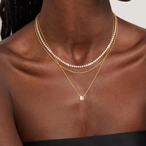 CHESKY 14K Gold Plated Layered Necklaces for Womens Trendy,Dainty Tennis Necklaces Simple CZ Pendant Stack Jewelry Gifts