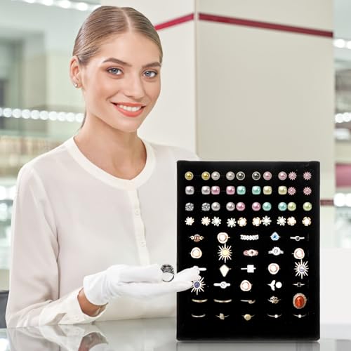 Hiceeden 4 Pack Velvet Ring Display Stand, 50 Slots Rings Organizer Jewelry Display Tray, L-Shaped Ring Holder Display for Selling Earrings Rings, Black
