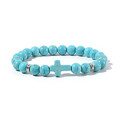 8MM Ornament Lava Volcanic Stone Beads Turquoise Cross Elastic Stretch Bracelet Religion Bangle for Women Men - color: 4pcs