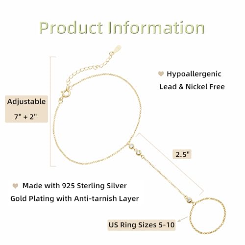 Kakikaki 925 Sterling Silver Finger Ring Bracelet Hand Chain for Women | Slave Bracelets 7" to 9" Adjustable - color: Gold, style: 3 Black