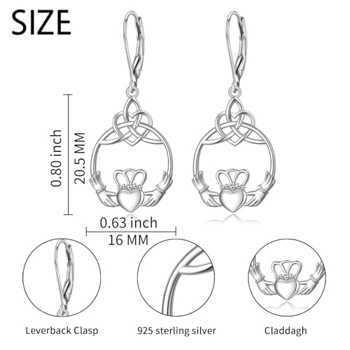 S925 Sterling Silver Celtic Knot Earrings for Women Irish Good Luck Drop Dangle Hook Earrings - style: Dangle Leverback - Heart Celtic Claddagh