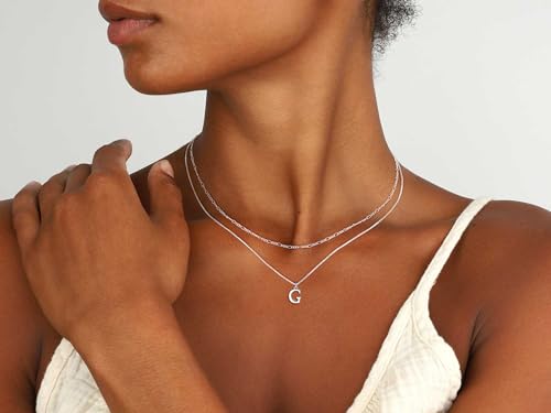 MBW Dainty Silver Layered Initial A-Z Pendant Necklaces for Women Thin | Simple Waterproof 925 Silver Plated Necklace Figaro Choker Monogram Name Jewelry Set Personalized - color: Silver InitIal NK-G