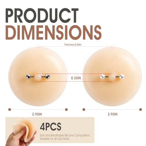 Pacify 2 Pairs Pierced Nipple Pasties | Adhesive Silicone Nipple Covers with Piercing, Reusable Pasties with Fake Nipple Rings for Women - color: A: Steel Ball+pearl