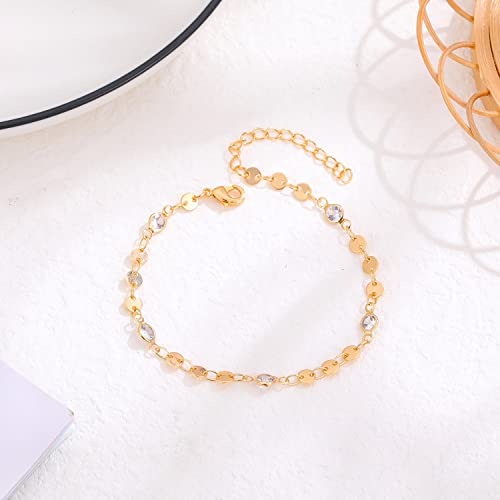 Womens Dainty Gold Chain Bracelet,Simple Layered Chain Bracelets,Beaded Turquoise Bracelet,Charm Crystal Bar,Heart,Karma,Triangle,Pearl Bracelets for Women - color: Gold Disc/CZ
