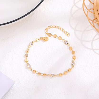Womens Dainty Gold Chain Bracelet,Simple Layered Chain Bracelets,Beaded Turquoise Bracelet,Charm Crystal Bar,Heart,Karma,Triangle,Pearl Bracelets for Women - color: Gold Disc/CZ