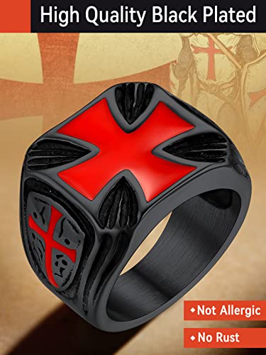 FaithHeart Mens Stainless Steel Crusader Jerusalem Cross Ring with 18K Gold Plated Two Tone Ring Size 7,8,9,10,11,12 - color: 07. Shield Cross-Black(Custom)