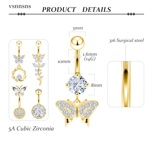 Vsnnsns 14G Belly Button Ring Piercing Jewelry 316L Stainless Surgical Steel Heart CZ Pearl Butterfly Flower Navel Rings Dangle Belly Button Ring Navel Piercing Jewelry for Women Men Hypoallergenic - color: Gold-Clear CZ