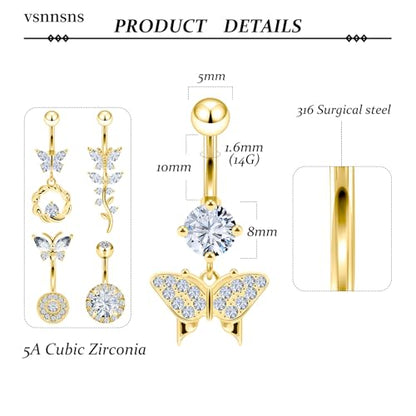Vsnnsns 14G Belly Button Ring Piercing Jewelry 316L Stainless Surgical Steel Heart CZ Pearl Butterfly Flower Navel Rings Dangle Belly Button Ring Navel Piercing Jewelry for Women Men Hypoallergenic - color: Gold-Clear CZ