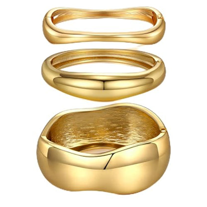 Chunky Gold Bangle Bracelets for Women Trendy 14K Gold Plated Cuff Bracelets Stack, Dainty Gold Bracelet Sets Non Tarnish Fashion Jewelry Gift - style: Gold-3pc-010