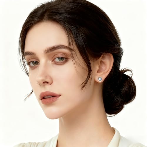 Grey Faux Pearl Stud Earrings, S925 Silver Posts Hypoallergenic for Women - color: Silvery Grey, size: 10mm