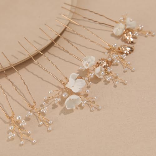 Handmade Pearl Bridal Hair Pins Wedding Hair Accessories for Women Brides Bridesmaid - color: Gold/Pearl White Flower