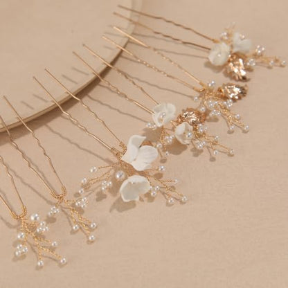 Handmade Pearl Bridal Hair Pins Wedding Hair Accessories for Women Brides Bridesmaid - color: Gold/Pearl White Flower
