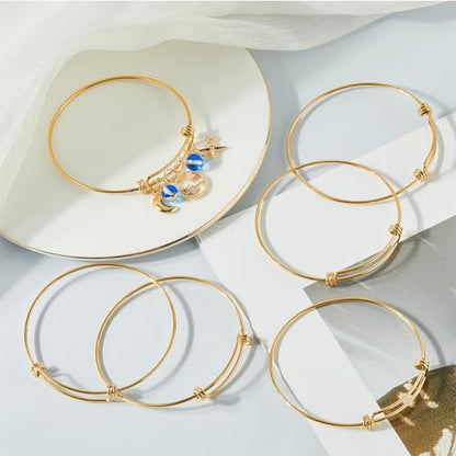 Beebeecraft 6Pcs Expandable Blank Bangle Bracelets Real 18K Gold Plated Stainless Steel Adjustable Wire Bracelets for Jewelry Making DIY Crafts Gift