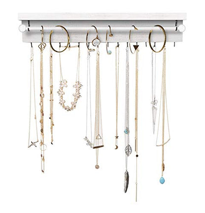 Rustic White Necklace Jewelry Organizer - Wall Mount Jewelry Holder - Mounted Hanging Jewelry Storage Hooks for Necklace, Earrings, and Rings - Farmhouse Wood Decor Bedroom Boho Shelf Rack - style: Rustic - Whitewashed Wood