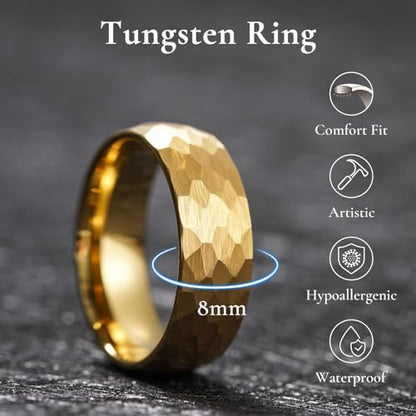 King Will Men's Tungsten Carbide Wedding Ring Hammered Groove Wedding Band Mens Two Tone Engagement Ring for Men and Women Matte Brushed Finish Comfort Fit - color: Gold 8mm