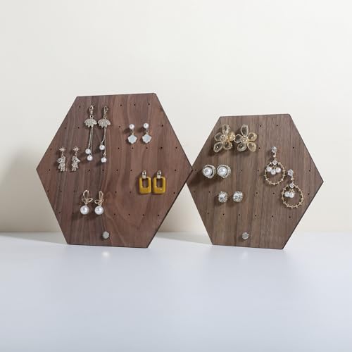 Hexagonal Earring Organizer stand, Walnut Plywood Jewelry Display Board for Hanging earring studs, Perfect for Storing and Showcasing Your Jewelry Collection【Set of Two Size】