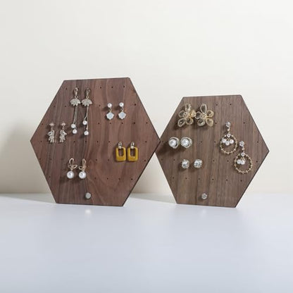 Hexagonal Earring Organizer stand, Walnut Plywood Jewelry Display Board for Hanging earring studs, Perfect for Storing and Showcasing Your Jewelry Collection【Set of Two Size】