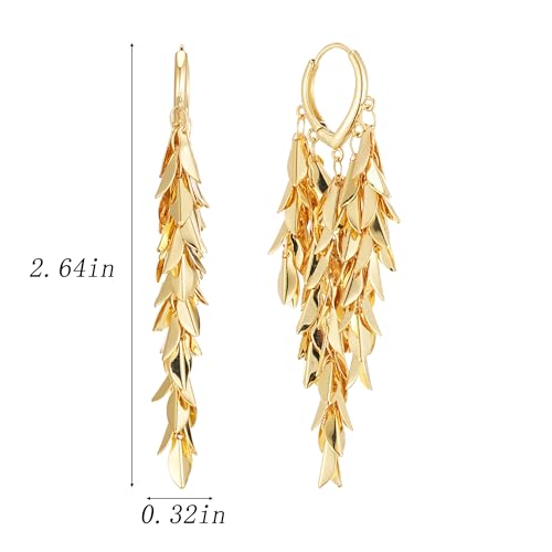 Sylph 14K 18K Gold Plated Chandelier Earrings for Women, Long Tassel Earring Huggie, Silver Leaf Dangle Drop Earrings, Dainty Bohemian Jewelry Gifts for Wedding Everyday Wear - color: A-18K Gold Plated Chandelier Earrings