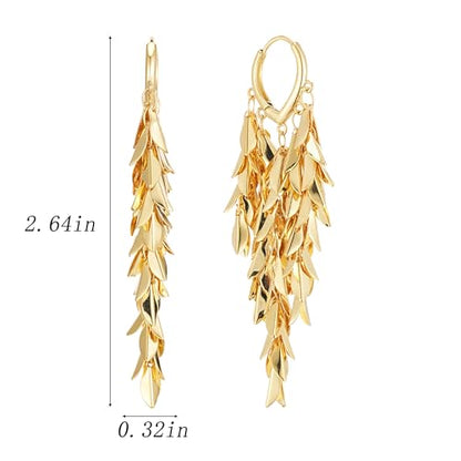 Sylph 14K 18K Gold Plated Chandelier Earrings for Women, Long Tassel Earring Huggie, Silver Leaf Dangle Drop Earrings, Dainty Bohemian Jewelry Gifts for Wedding Everyday Wear - color: A-18K Gold Plated Chandelier Earrings