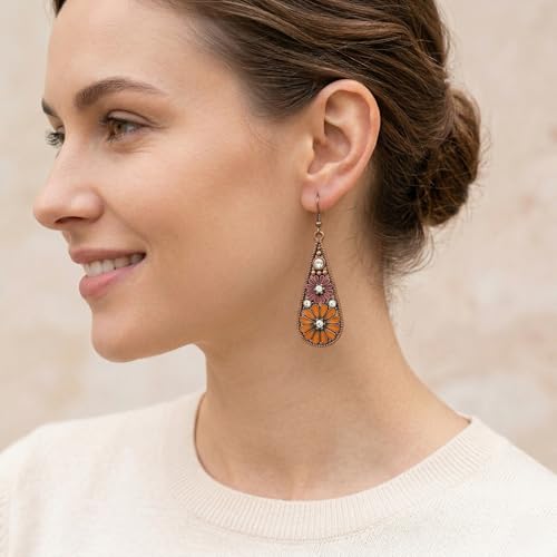 Bohemian Crystal Teardrop Dangle Earrings, Copper, Tribal Geometric Design, Handmade National Style for Women - color: Burnt Orange