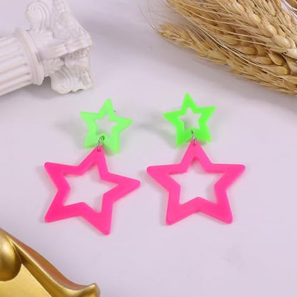 Colorful 80s 90s Neon Star Earrings for Women Retro Glow Party Costume 80s 90s Acrylic Dangle Earrings Outfit - style: Symmetrical Green and Hot Pink
