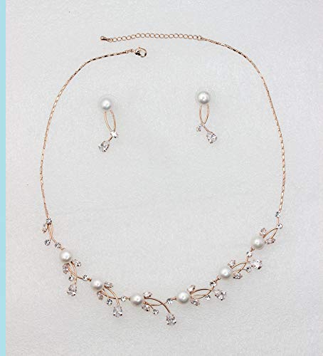 Faship Genuine 10mm Freshwater Pearls Floral Necklace Earrings Set | Premium CZ Crystal, Gorgeous, Sparkling - color: Clear/Rose Gold