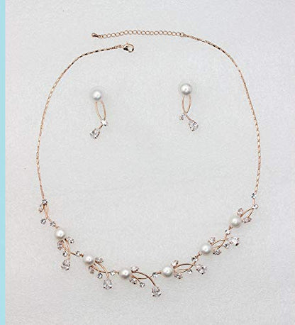 Faship Genuine 10mm Freshwater Pearls Floral Necklace Earrings Set | Premium CZ Crystal, Gorgeous, Sparkling - color: Clear/Rose Gold