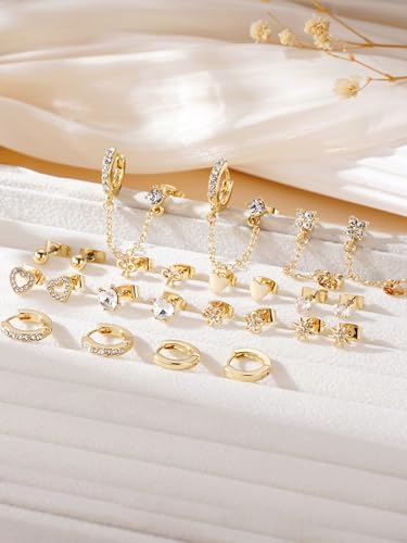Hypoallergenic Small Gold Stud Earrings for Women 14K Gold Plated CZ Chain Hoops Hypoallergenic Earrings Dainty Clover Flower Heart Bow Stud Earrings for Jewelry Gift - color: gold