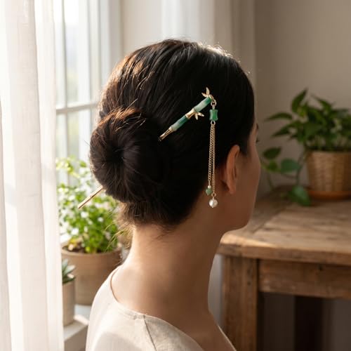 6Pcs Chinese Hair Pins, Gold White Japanese Hair Stick with Pearl Flower Bamboo Leaves Design, Retro Asian Gold Metal Hair Sticks Pins, Hair Bun Updo Holders Hair Chopstick Accessories for Women