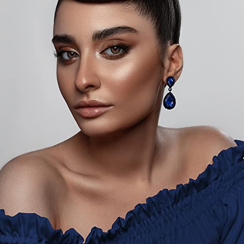 EVER FAITH Women's Austrian Crystal Wedding Tear Drop Dangle Earrings | Bridal Prom Jewelry for Bride Bridesmaid - color: Sapphire Blue Black-Tone
