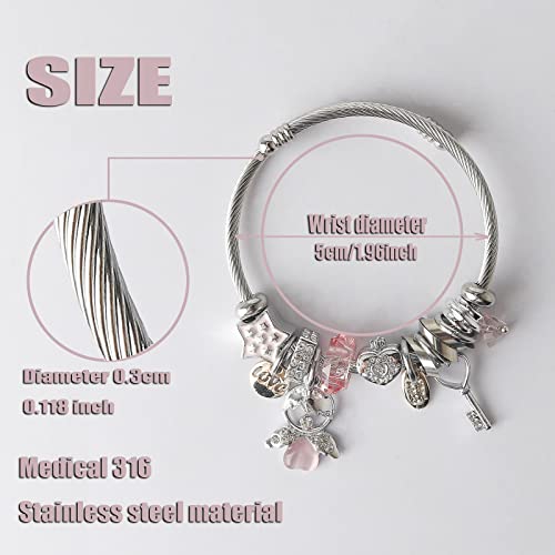 DS Charm Bracelets for girls,exquisite cute cartoon friendship bracelets Silver Stainless Steel Bangle with birthday Gift box, Adjustable girls jewelry Suitable for holiday gifts - style: Silver-pink Angel
